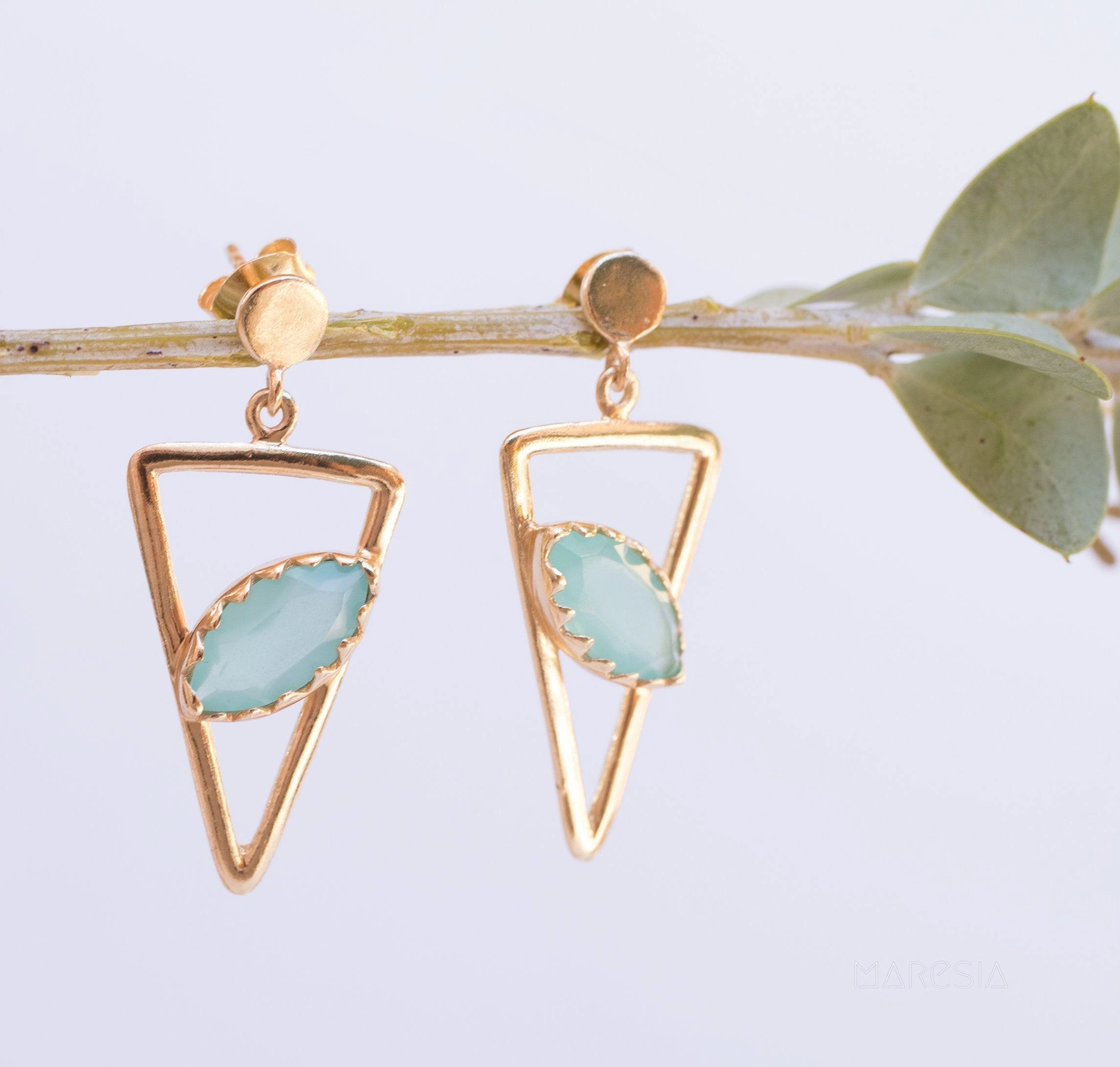 Aqua Chalcedony, Ruby, Blue Chalcedony, Rose quartz Triangle Earrings ~ Gold Vermeil (Gold Plated over Sterling Silver) ~ME061