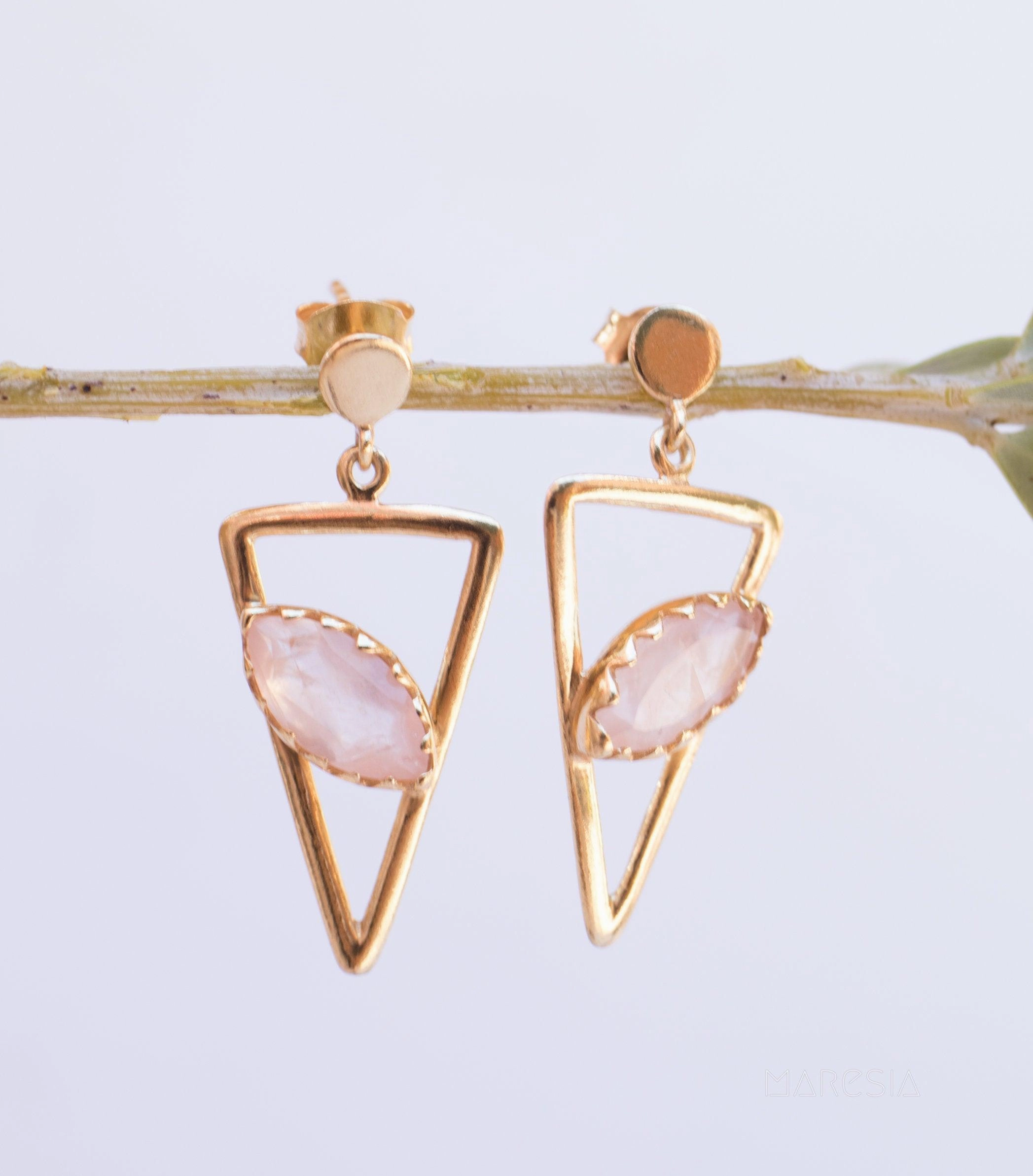 Aqua Chalcedony, Ruby, Blue Chalcedony, Rose quartz Triangle Earrings ~ Gold Vermeil (Gold Plated over Sterling Silver) ~ME061