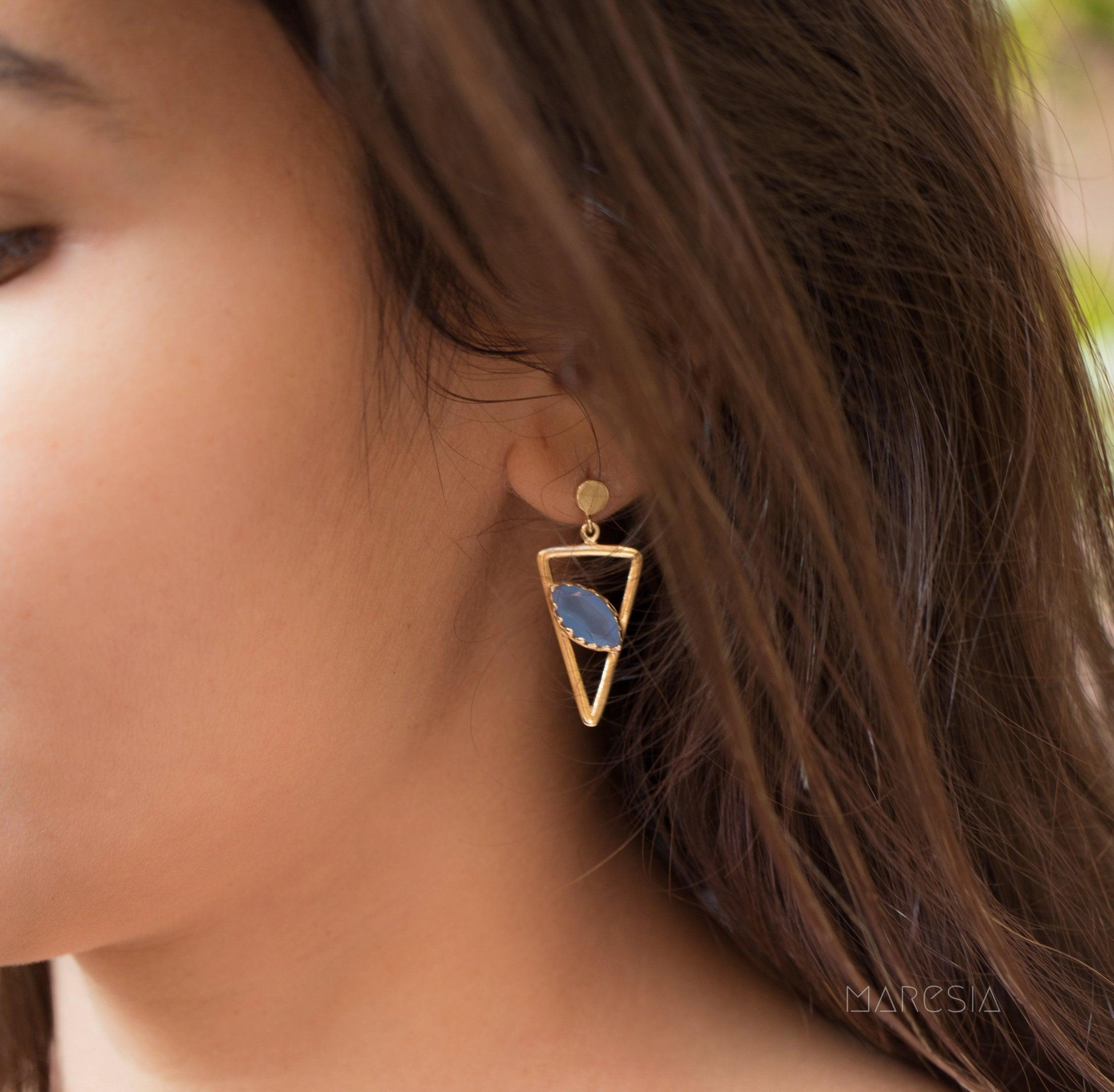 Aqua Chalcedony, Ruby, Blue Chalcedony, Rose quartz Triangle Earrings ~ Gold Vermeil (Gold Plated over Sterling Silver) ~ME061