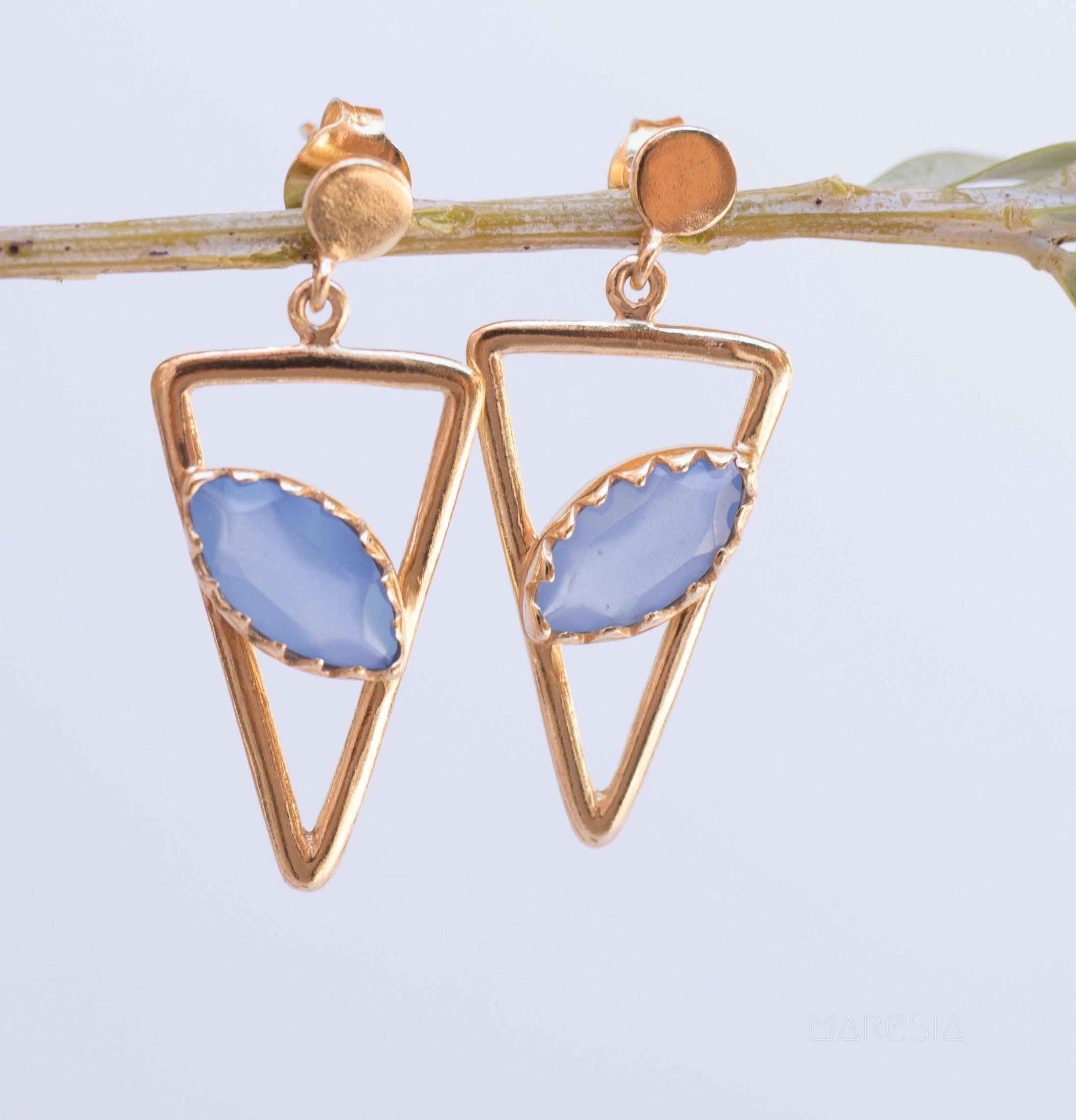 Aqua Chalcedony, Ruby, Blue Chalcedony, Rose quartz Triangle Earrings ~ Gold Vermeil (Gold Plated over Sterling Silver) ~ME061