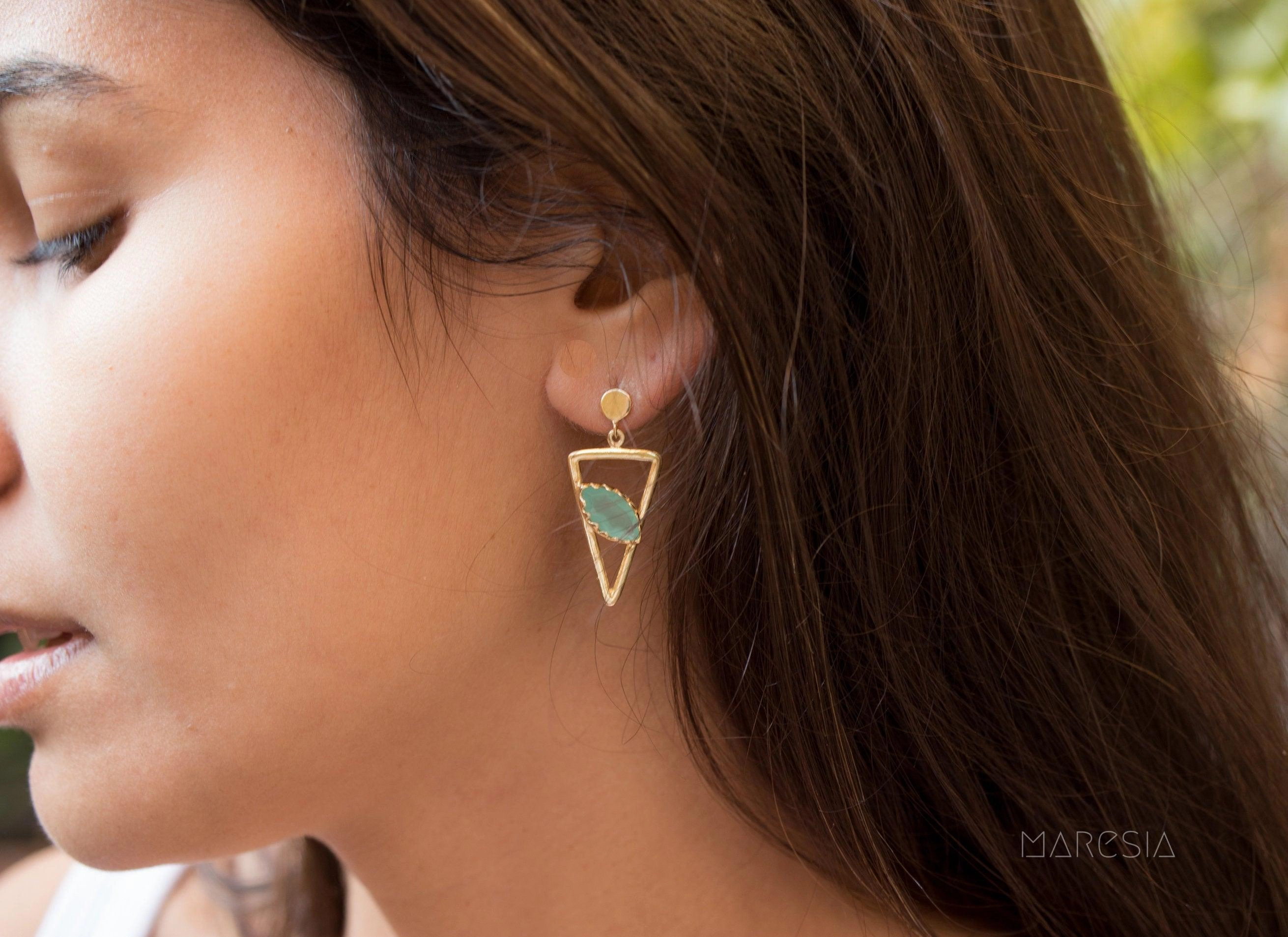 Aqua Chalcedony, Ruby, Blue Chalcedony, Rose quartz Triangle Earrings ~ Gold Vermeil (Gold Plated over Sterling Silver) ~ME061