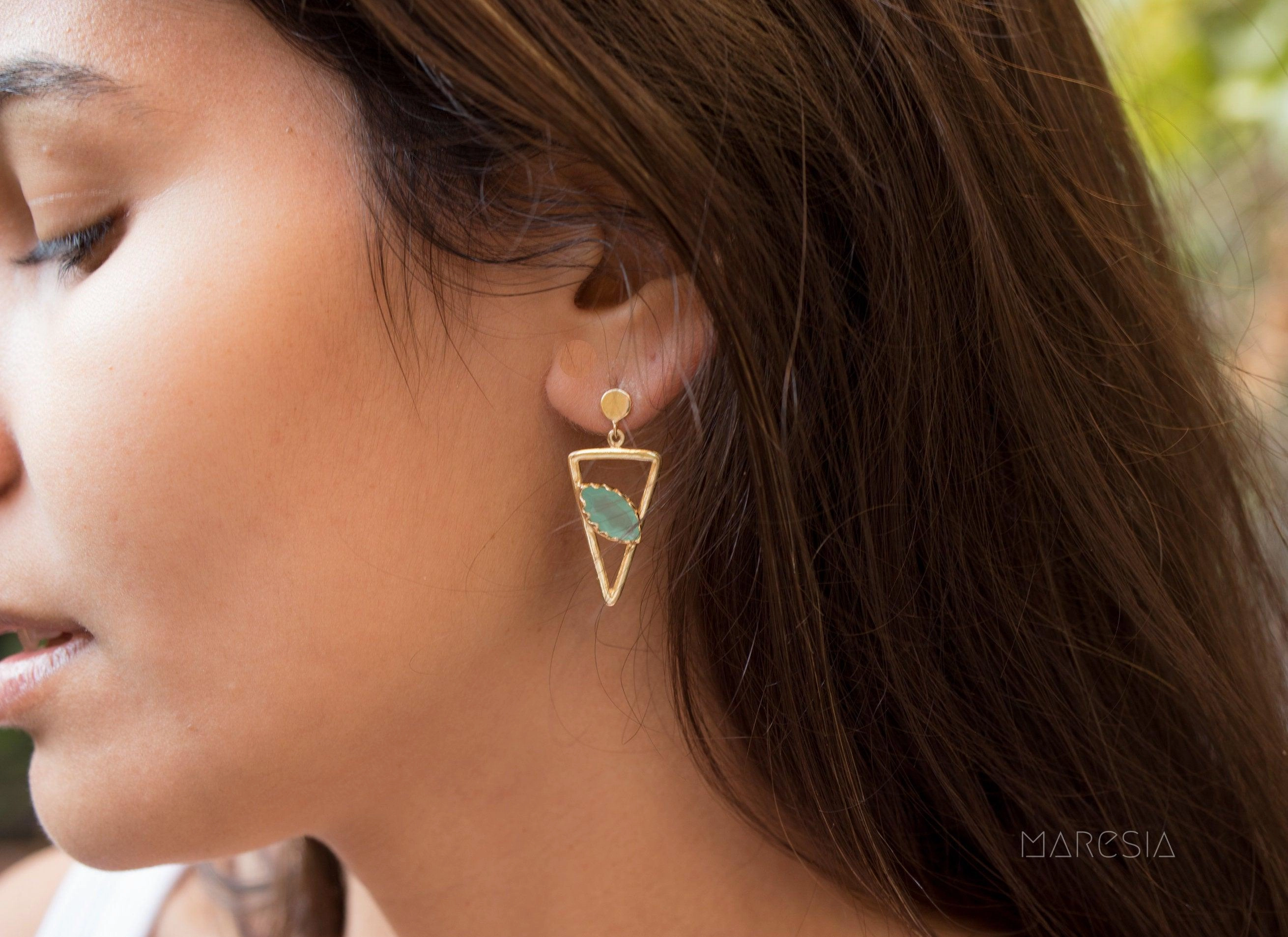 Aqua Chalcedony, Ruby, Blue Chalcedony, Rose quartz Triangle Earrings ~Gold Vermeil (Gold Plated over Sterling Silver)~ ME061