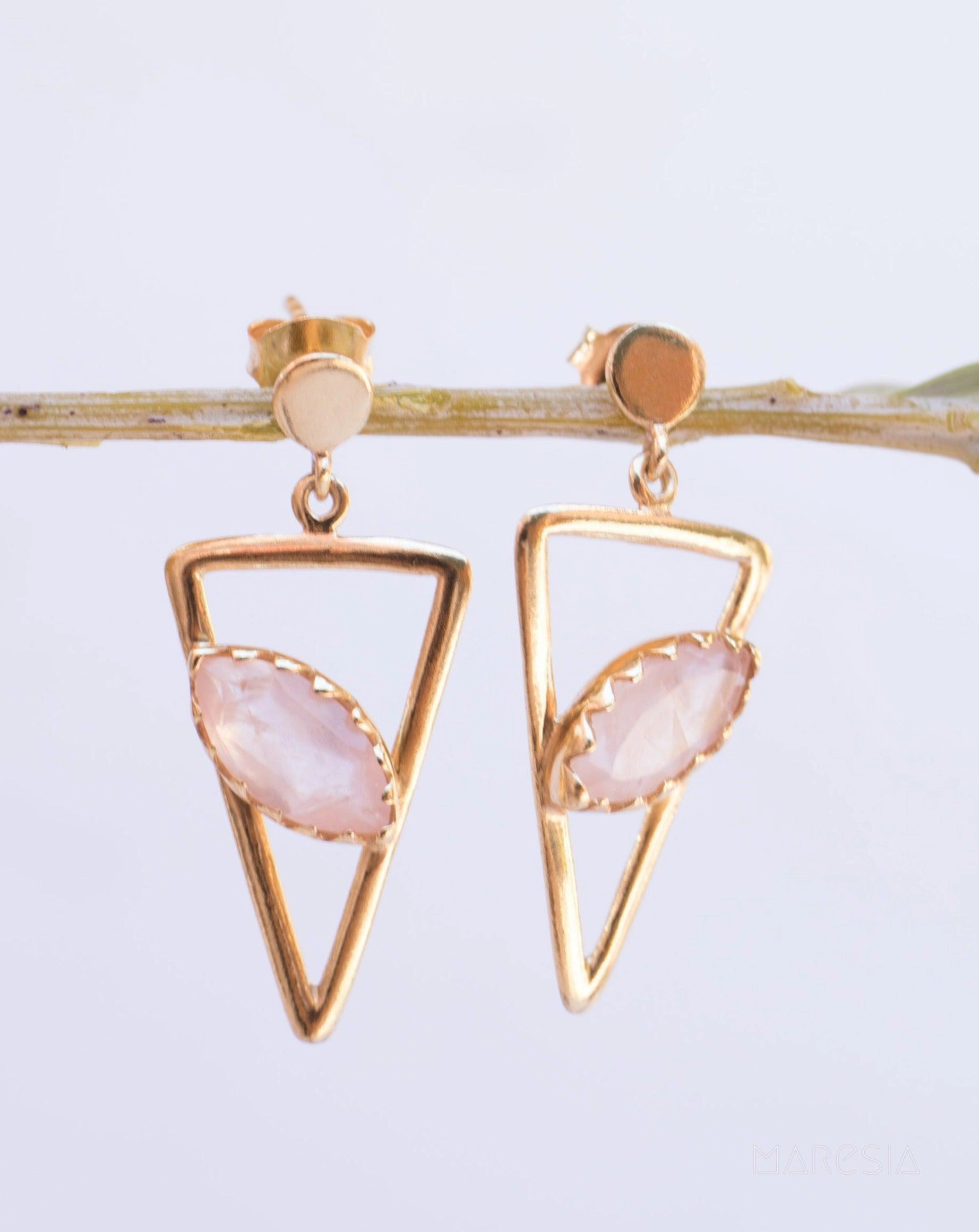 Aqua Chalcedony, Ruby, Blue Chalcedony, Rose quartz Triangle Earrings ~Gold Vermeil (Gold Plated over Sterling Silver)~ ME061