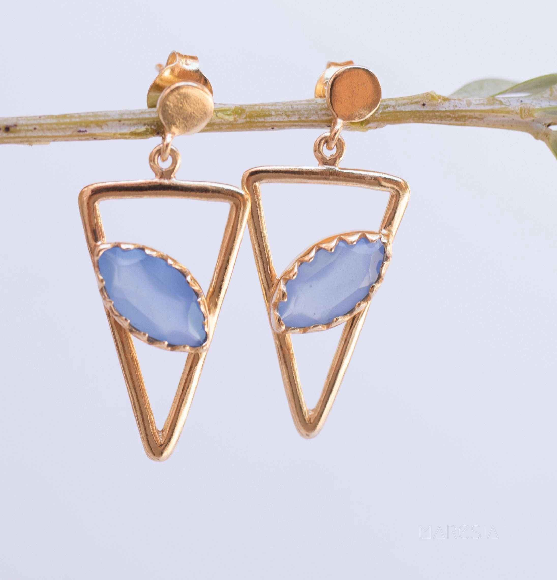 Aqua Chalcedony, Ruby, Blue Chalcedony, Rose quartz Triangle Earrings ~Gold Vermeil (Gold Plated over Sterling Silver)~ ME061