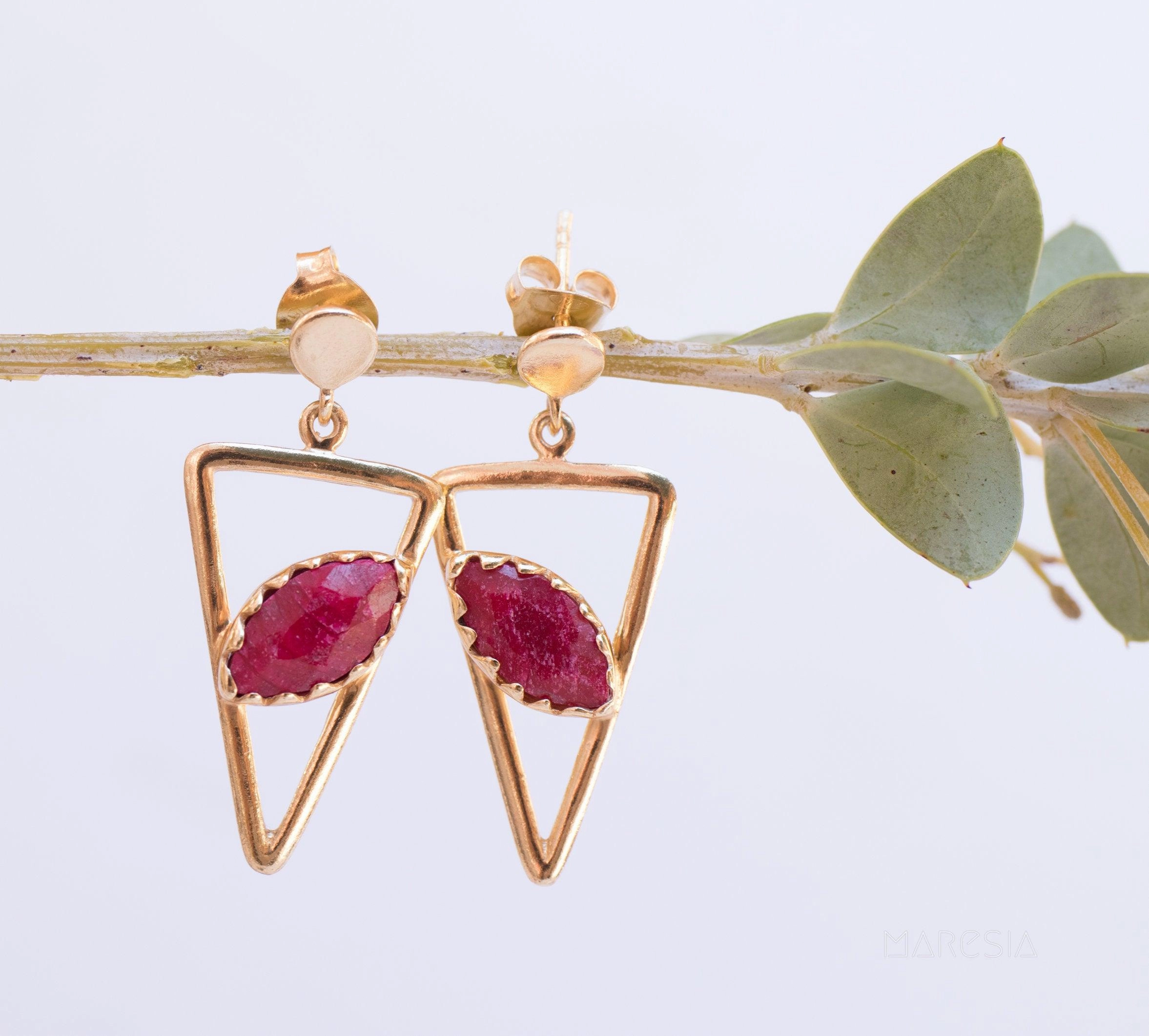 Aqua Chalcedony, Ruby, Blue Chalcedony, Rose quartz Triangle Earrings ~Gold Vermeil (Gold Plated over Sterling Silver)~ ME061