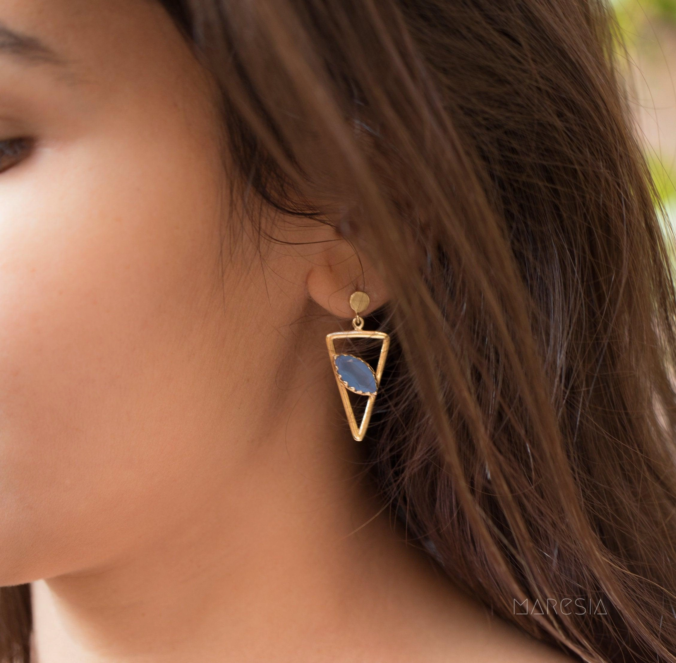 Aqua Chalcedony, Ruby, Blue Chalcedony, Rose quartz Triangle Earrings ~Gold Vermeil (Gold Plated over Sterling Silver)~ ME061