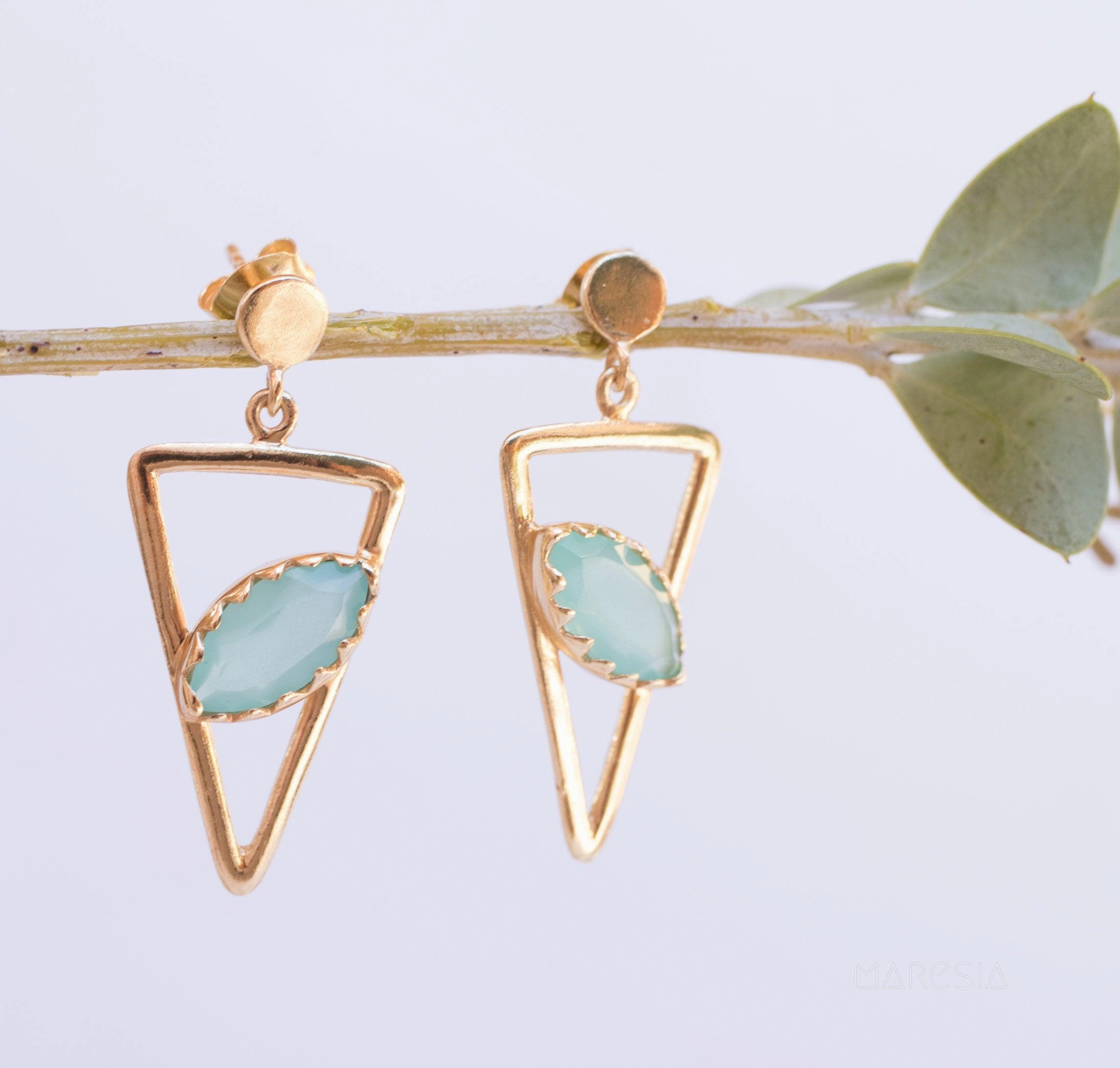 Aqua Chalcedony, Ruby, Blue Chalcedony, Rose quartz, Triangle Gold Vermeil Earrings ~ ME061