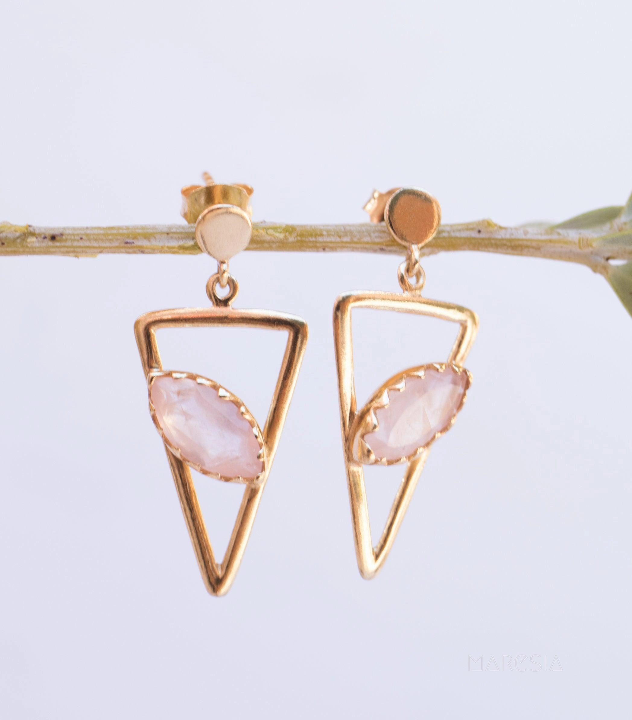 Aqua Chalcedony, Ruby, Blue Chalcedony, Rose quartz, Triangle Gold Vermeil Earrings ~ ME061
