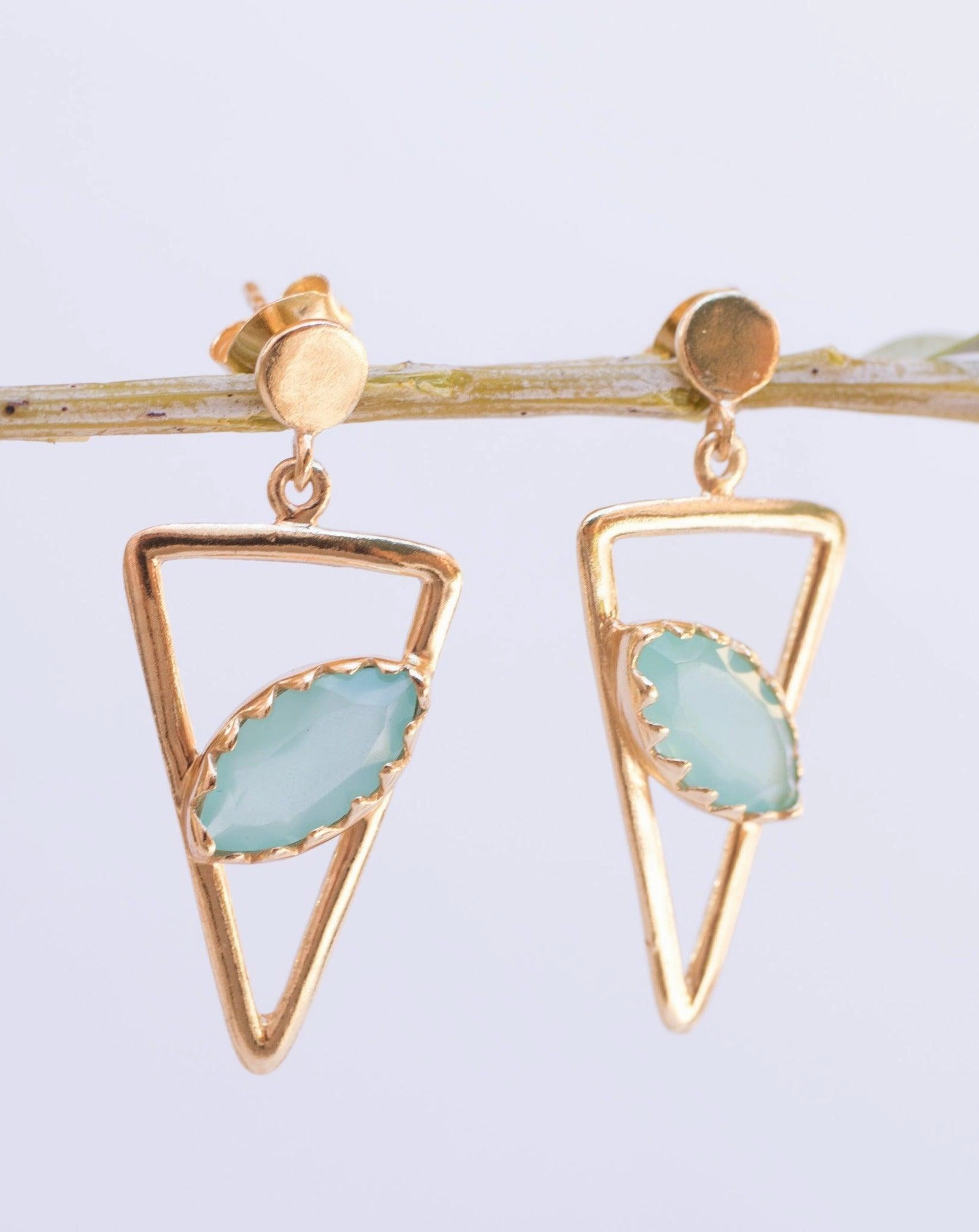 Aqua Chalcedony, Ruby, Blue Chalcedony, Rose quartz Triangle Gold Vermeil Earrings ~