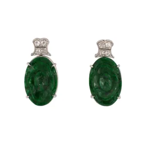 Art Deco Green Jadeite & Diamond Floral Earrings