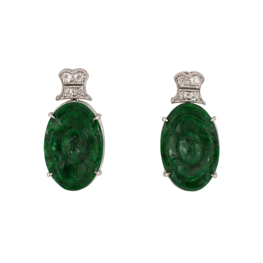 Art Deco Green Jadeite & Diamond Floral Earrings