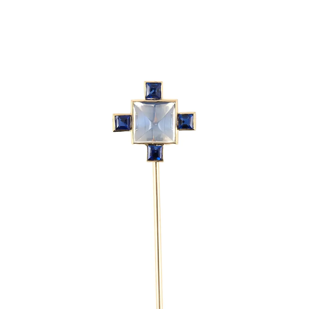Art Deco Moonstone & Sapphire Cluster Stick Pin