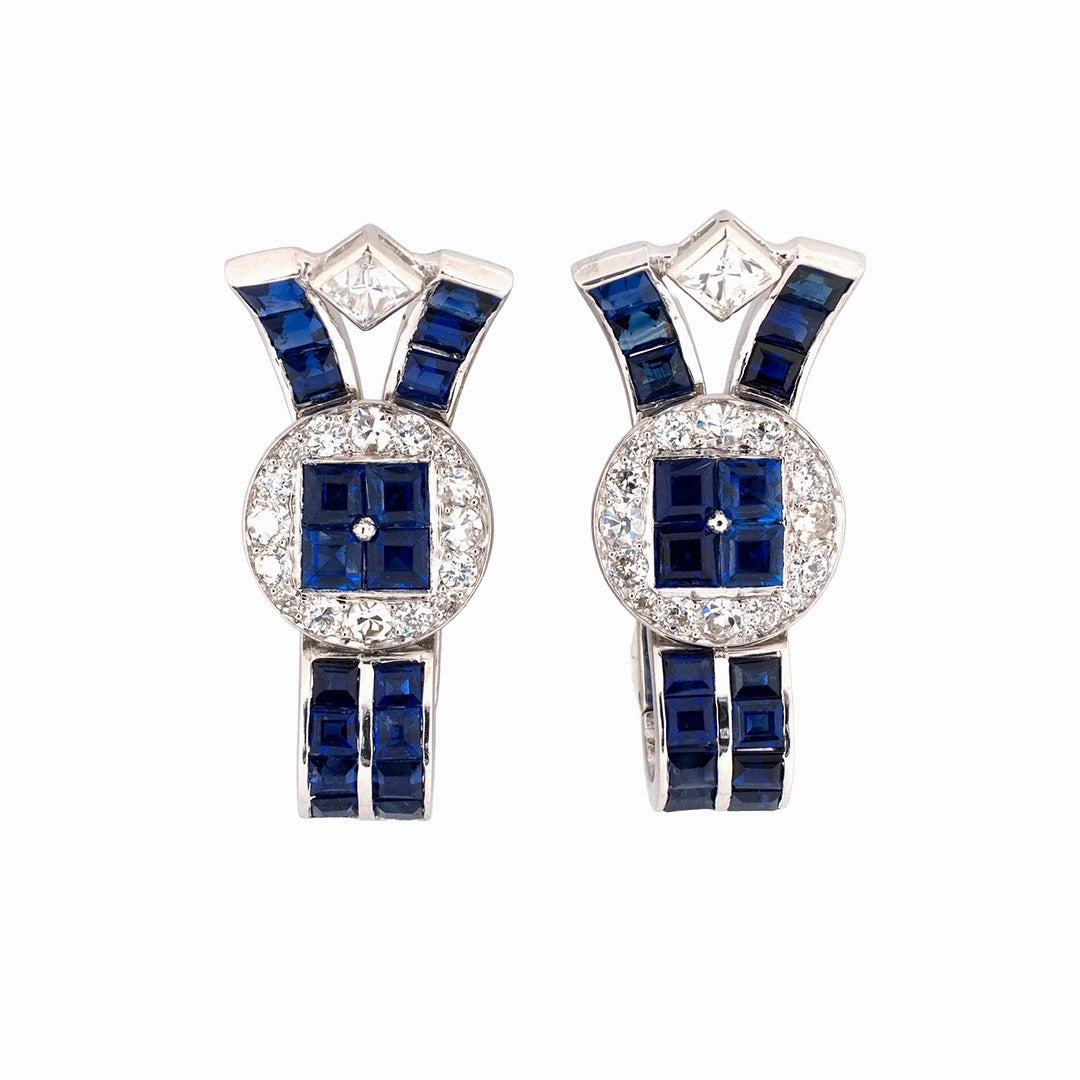 Art Deco Cartier Sapphire & Diamond Spray Bow Earrings