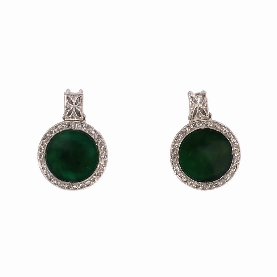 Art Deco Green Onyx & Diamond Earrings