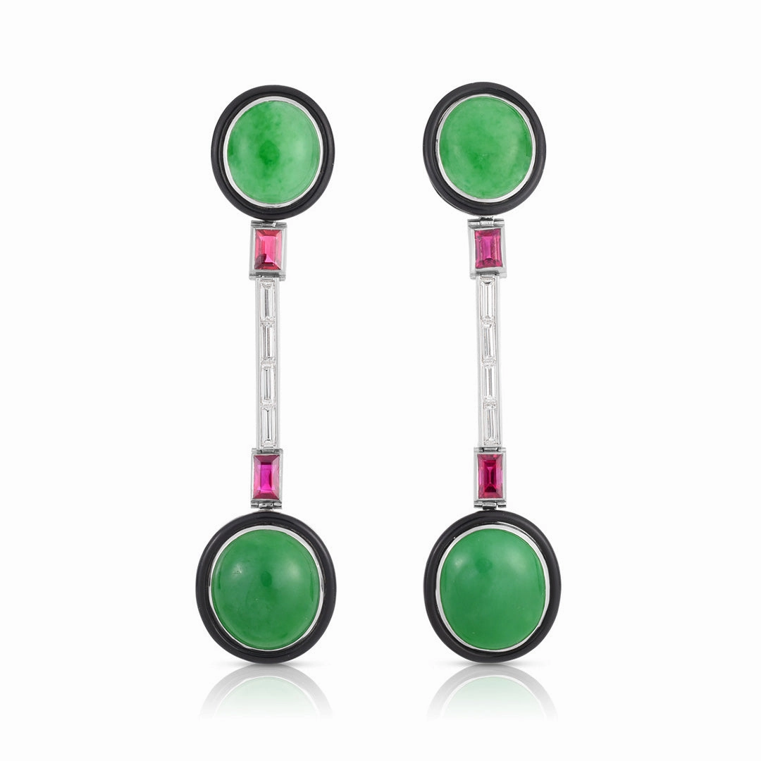 Art Deco Round Jade, Diamond & Ruby Earrings