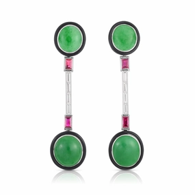 Art Deco Round Jade, Diamond & Ruby Earrings