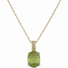 August Birthstone Pendant: 14K Yellow Gold Diamond And Oval Peridot Drop Pendant Necklace
