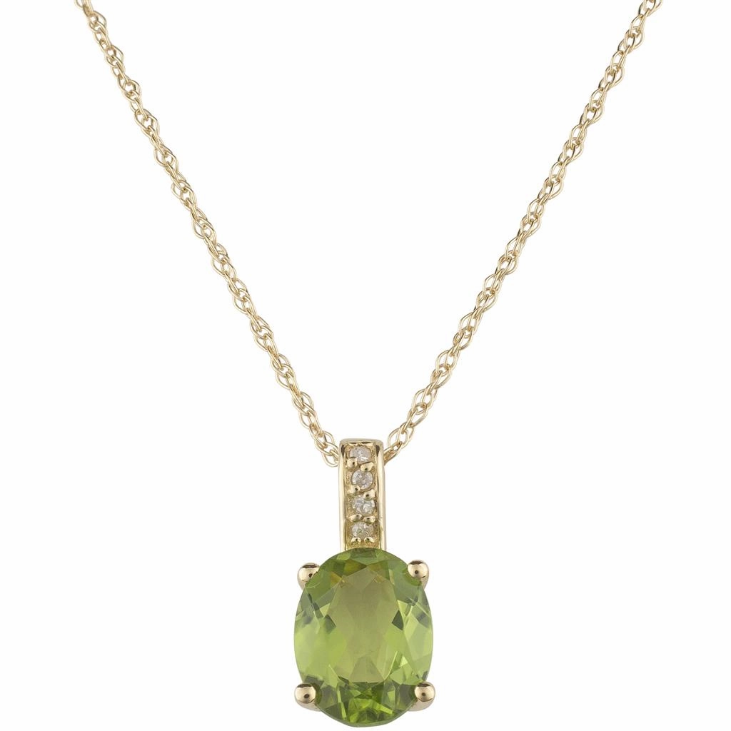 August Birthstone Pendant: 14K Yellow Gold Diamond And Oval Peridot Drop Pendant Necklace
