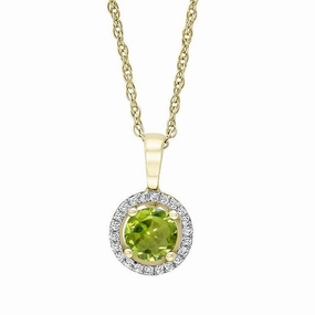 August Birthstone Pendant: 14K Yellow Gold Diamond And Peridot Halo Pendant Necklace