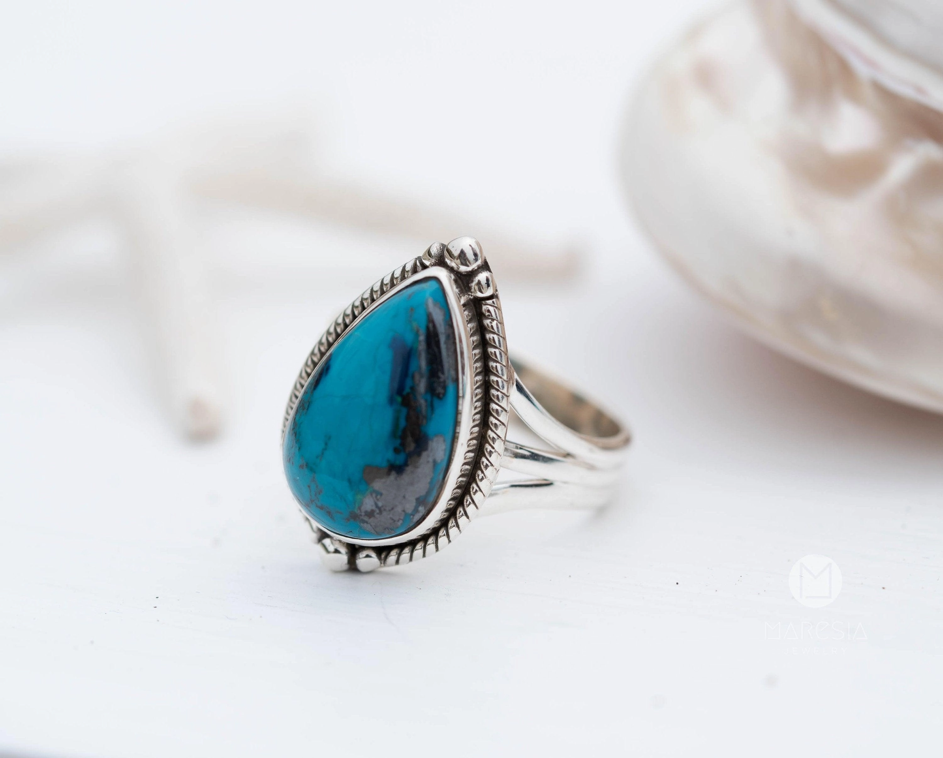 Azurite Tear Drop Ring ~ Sterling Silver 925 ~ MR261