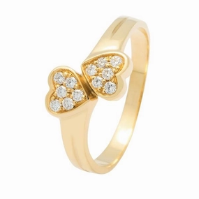Bague 2 coeurs en or jaune sertie de diamants