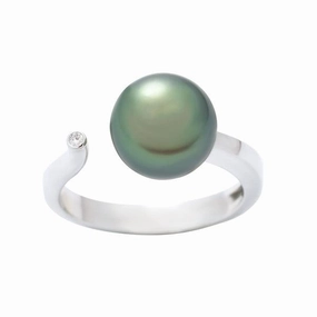 Bague en or blanc sertie de diamants 1 perle de Tahiti semi ronde A 8.6/9.5mm