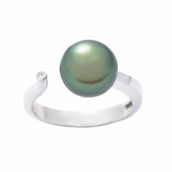 Bague en or blanc sertie de diamants 1 perle de Tahiti semi ronde A 8.6/9.5mm
