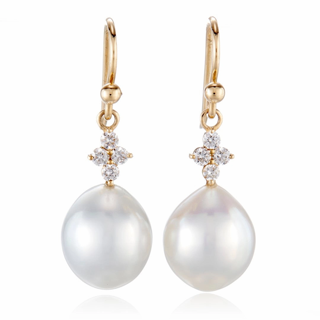 Belgravia Drop Earrings in 10mm South Sea Pearls & Diamonds