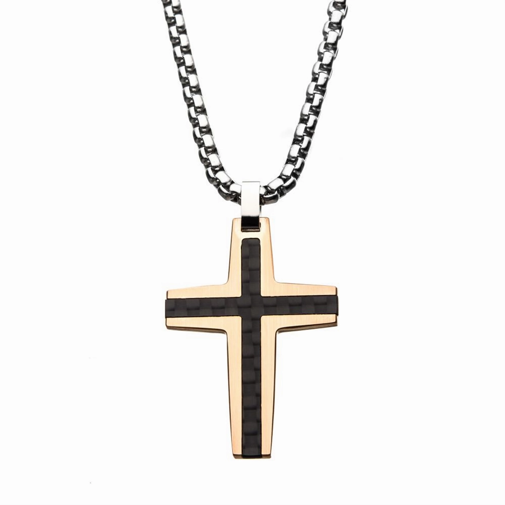 Black And Rose Gold IP With Carbon Fiber Link Inlay Cross Pendant Necklace