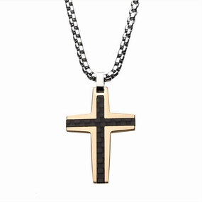 Black And Rose Gold IP With Carbon Fiber Link Inlay Cross Pendant Necklace