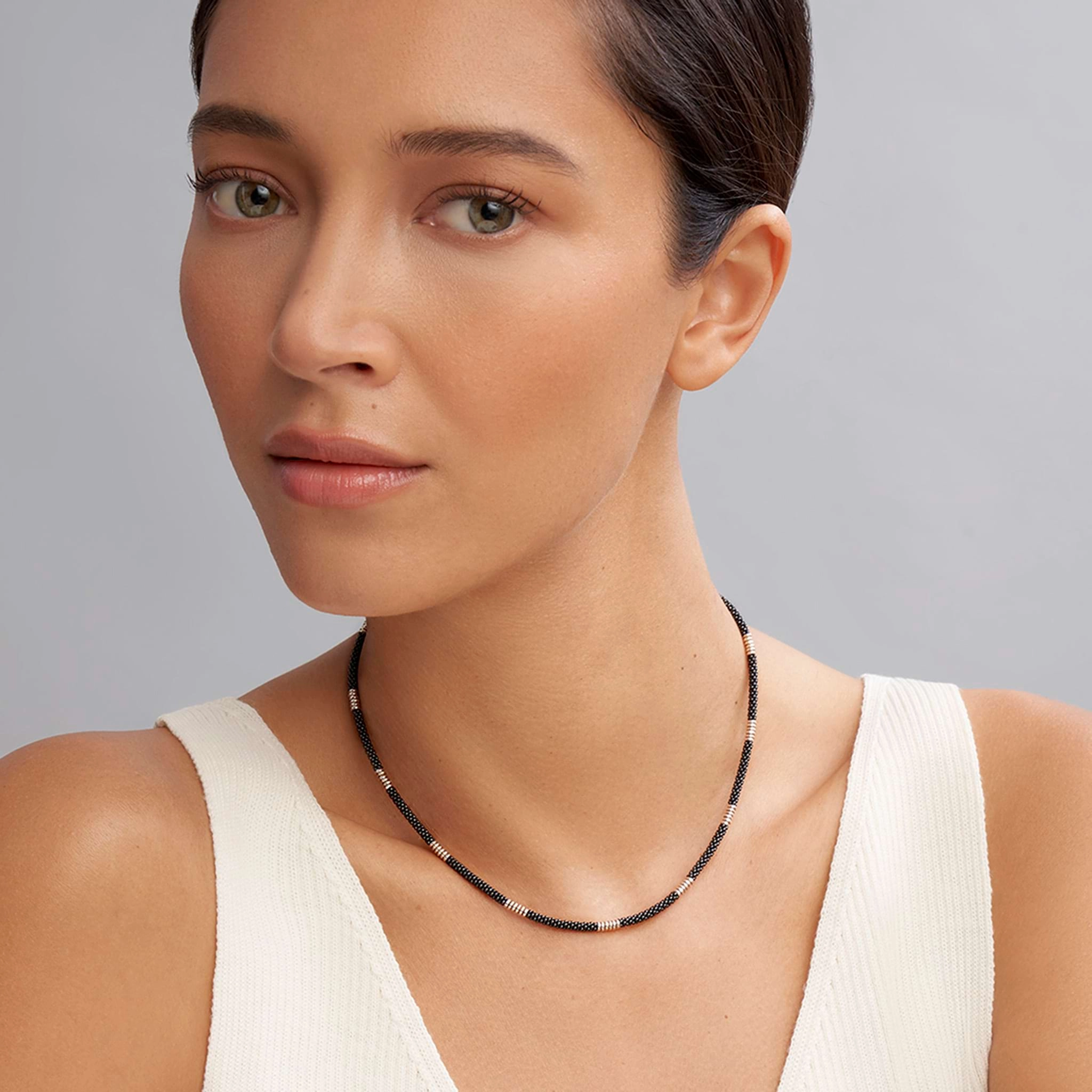 Black Caviar Black Silver Station Ceramic Beaded Necklace