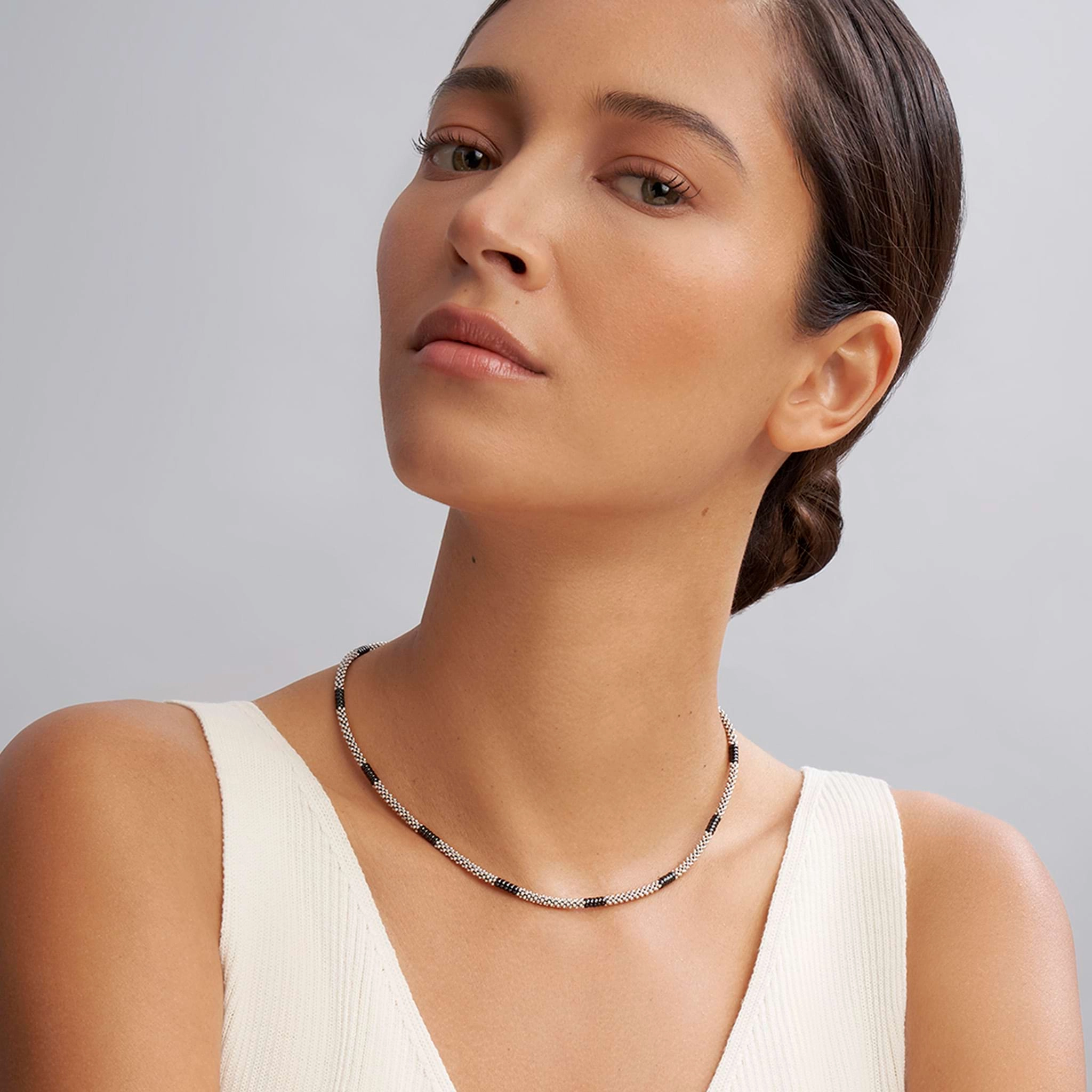 Black Caviar Black Silver Station Ceramic Beaded Necklace