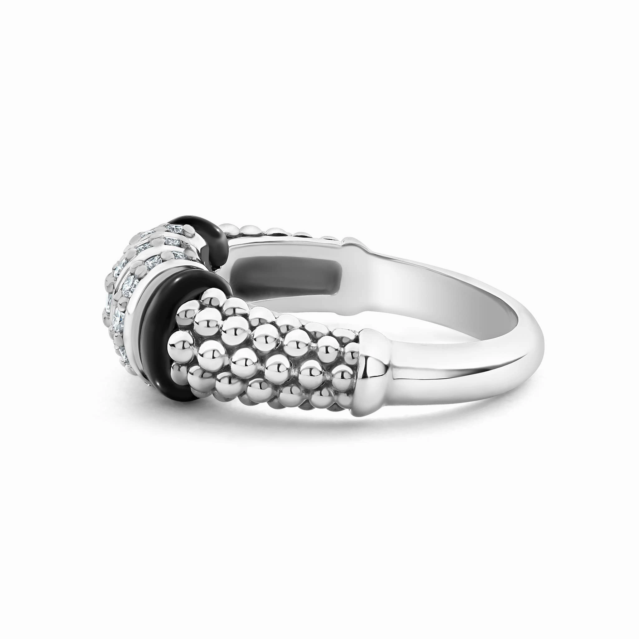 Black Caviar Three Station Diamond Ceramic Caviar Ring