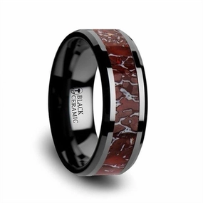 Black Ceramic Triassic 8mm Red Dinosaur Bone Inlaid Beveled Edge Wedding Band