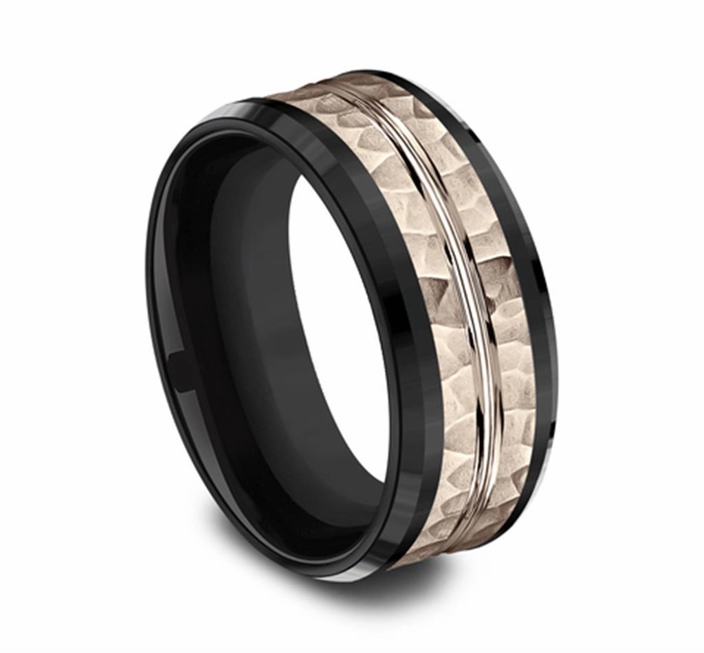 Black Titanium And 14K Rose Gold The Ridley Hammered Finish 9mm Wedding Band