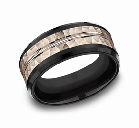 Black Titanium And 14K Rose Gold The Ridley Hammered Finish 9mm Wedding Band