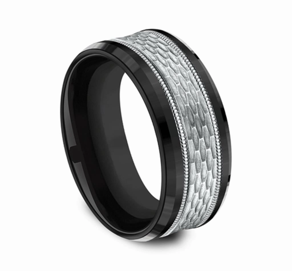 Black Titanium And 14K White Gold The Athlete Mesh Pattern 9mm Wedding Band