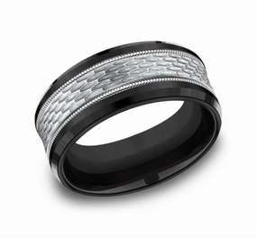 Black Titanium And 14K White Gold The Athlete Mesh Pattern 9mm Wedding Band