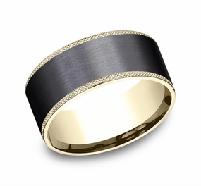Black Titanium And 14K Yellow Gold The Rogue Satin Finish Knurl Edges 9mm Wedding Band