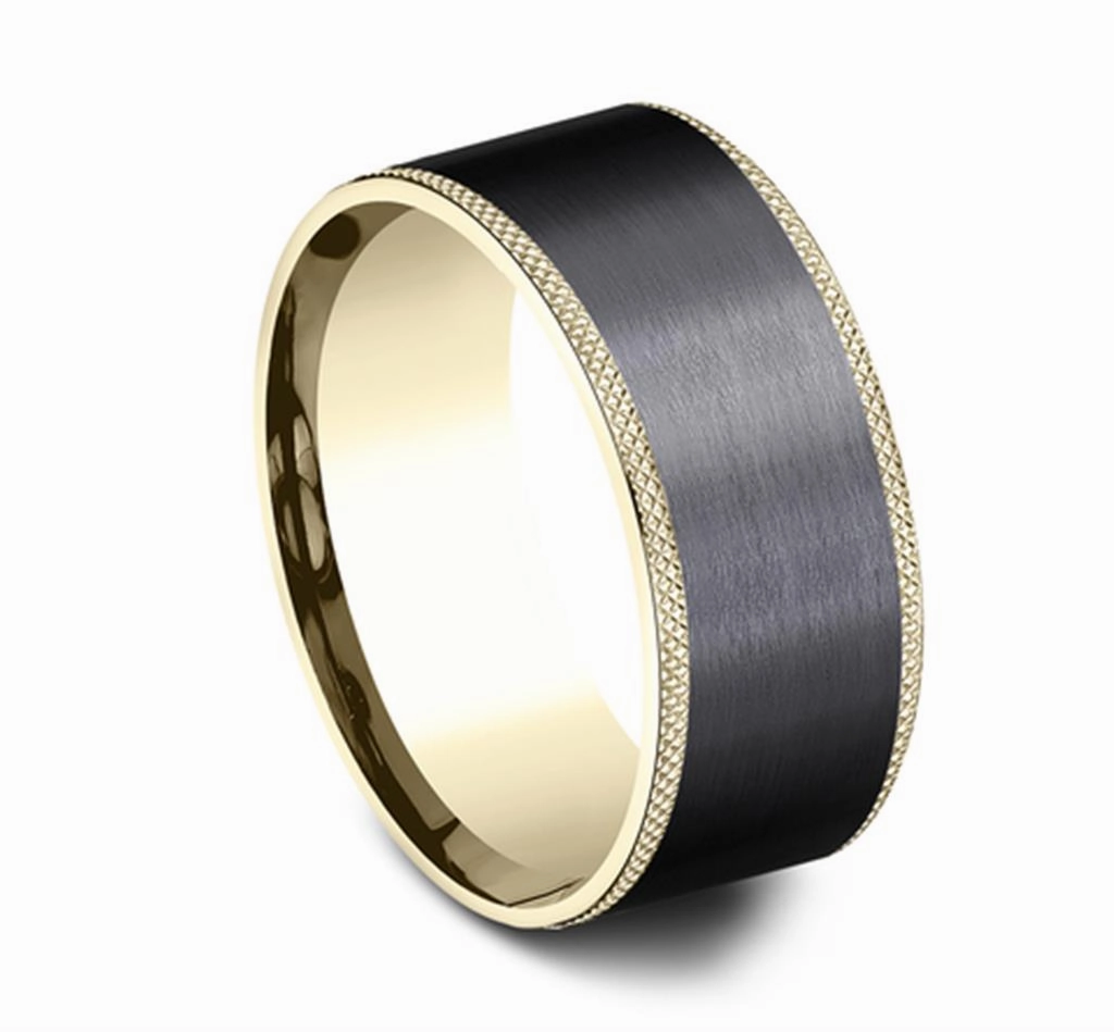 Black Titanium And 14K Yellow Gold The Rogue Satin Finish Knurl Edges 9mm Wedding Band