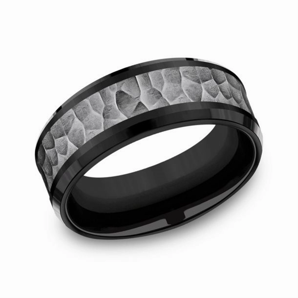 Black Titanium And Grey Tantalum Polished Edges Hammered Center 8mm Wedding Band