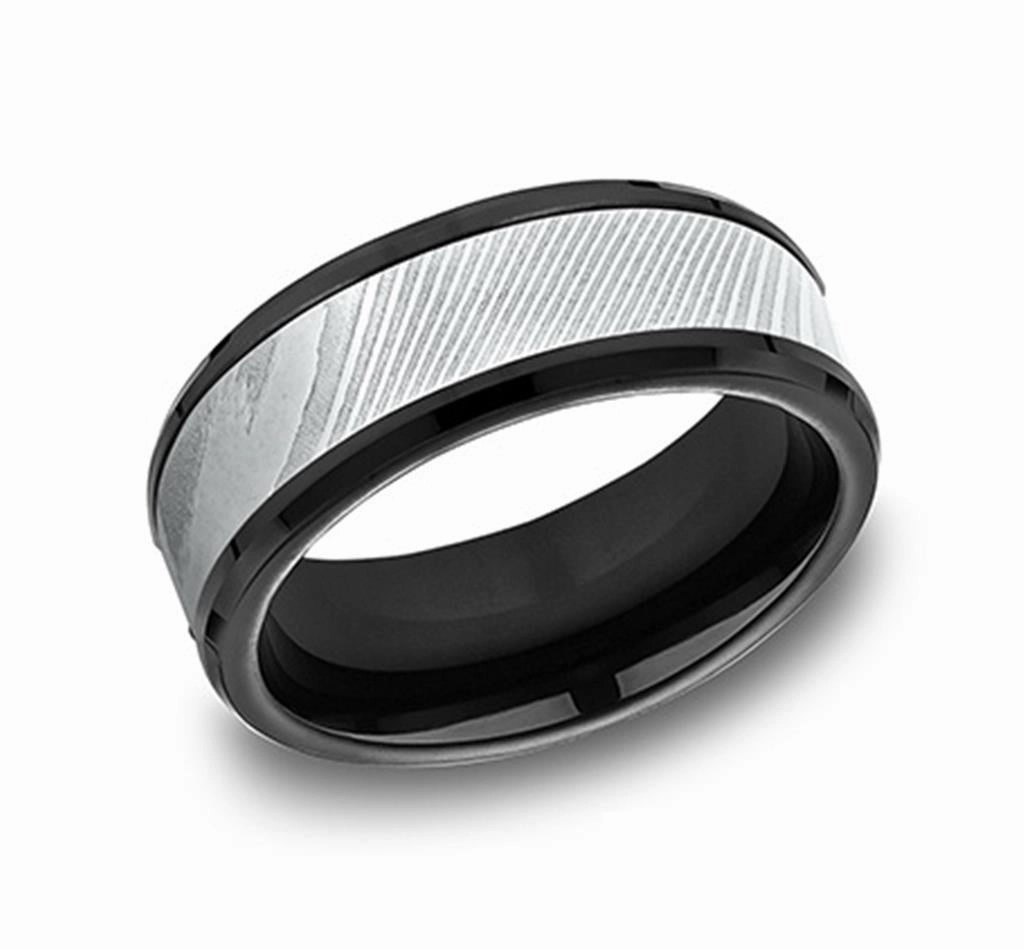 Black Titanium Damascus Steel 8mm Beveled Wedding Band