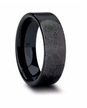 Black Tungsten San Antonio Fingerprint Engraved Flat Pipe Cut Wedding Band