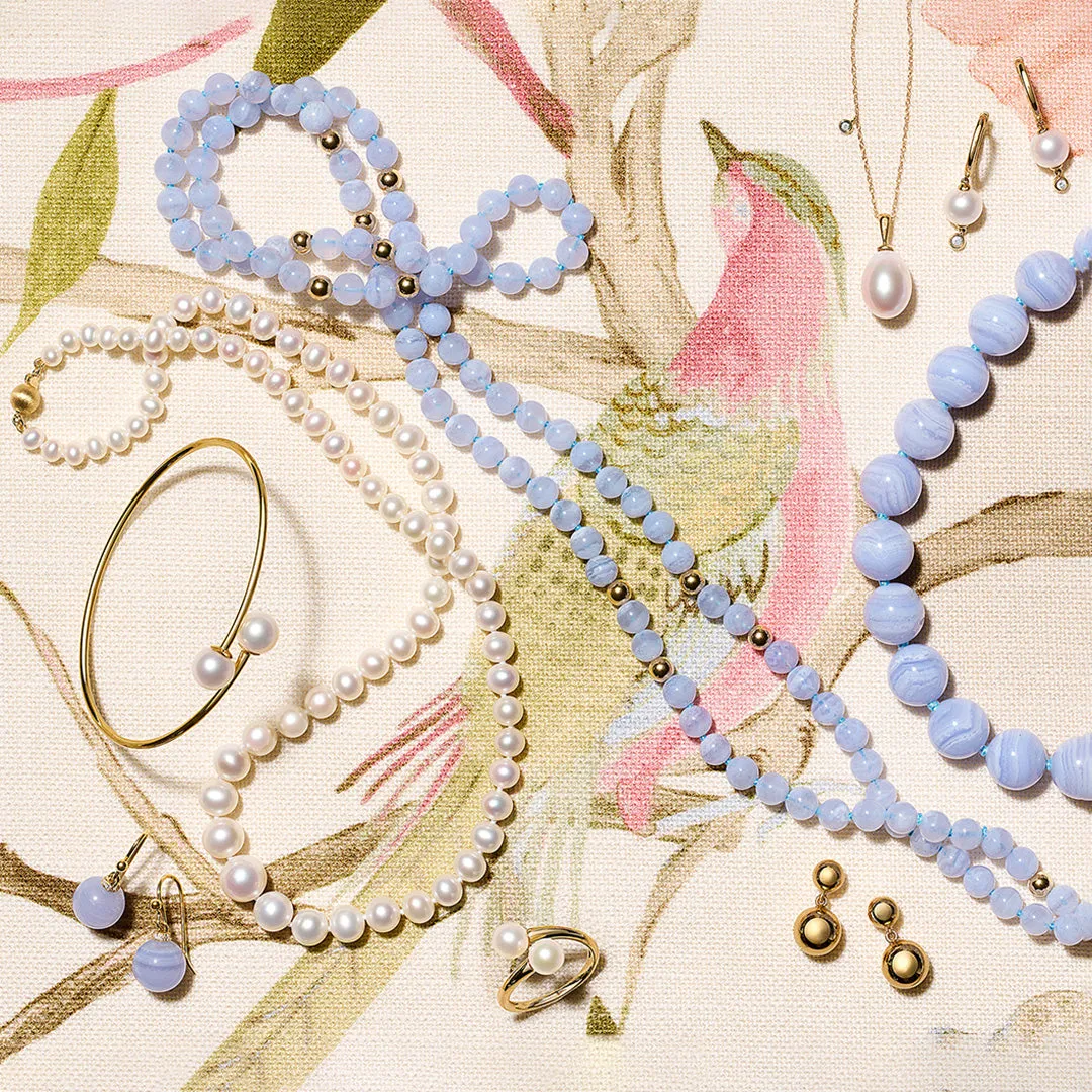 Blue Lace Agate & Gold Station Rope Necklace