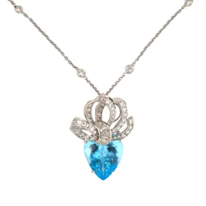 Blue Topaz & Diamond Ribbon Bow Pendant Necklace