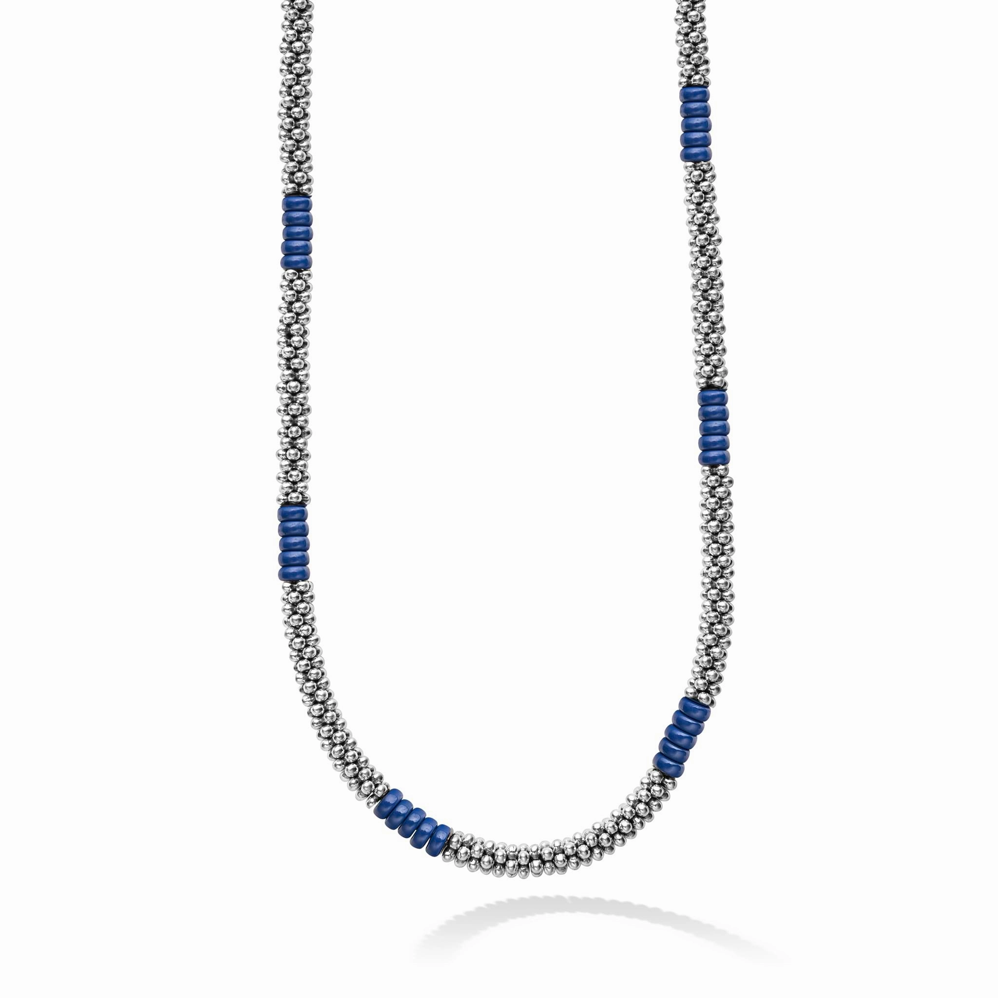 Blue Caviar Ultramarine Silver Station Ceramic Beaded Necklace 3mm