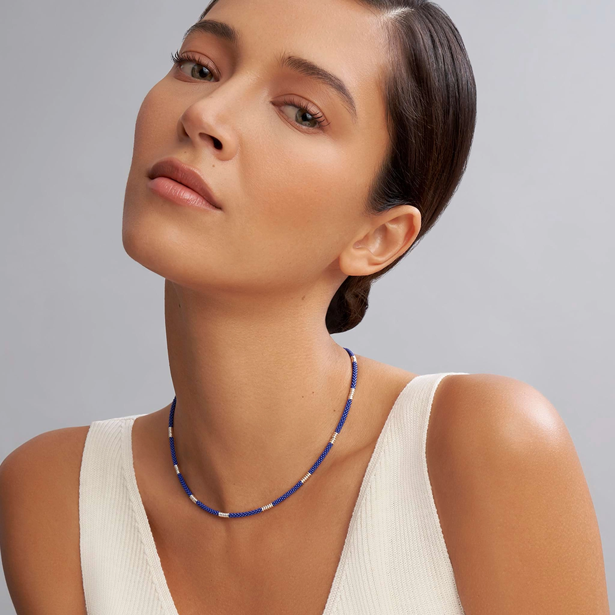 Blue Caviar Ultramarine Silver Station Ceramic Beaded Necklace | 3mm