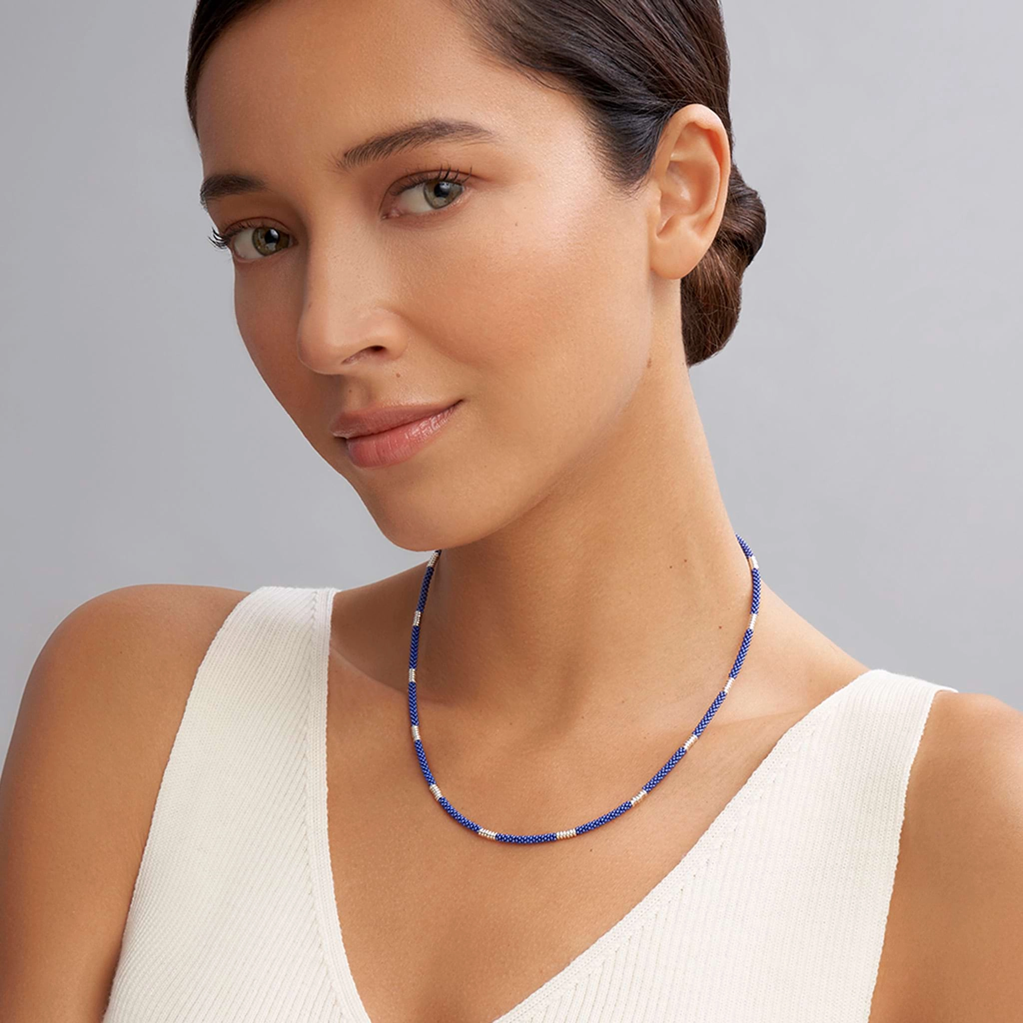 Blue Caviar Ultramarine Silver Station Ceramic Beaded Necklace | 3mm