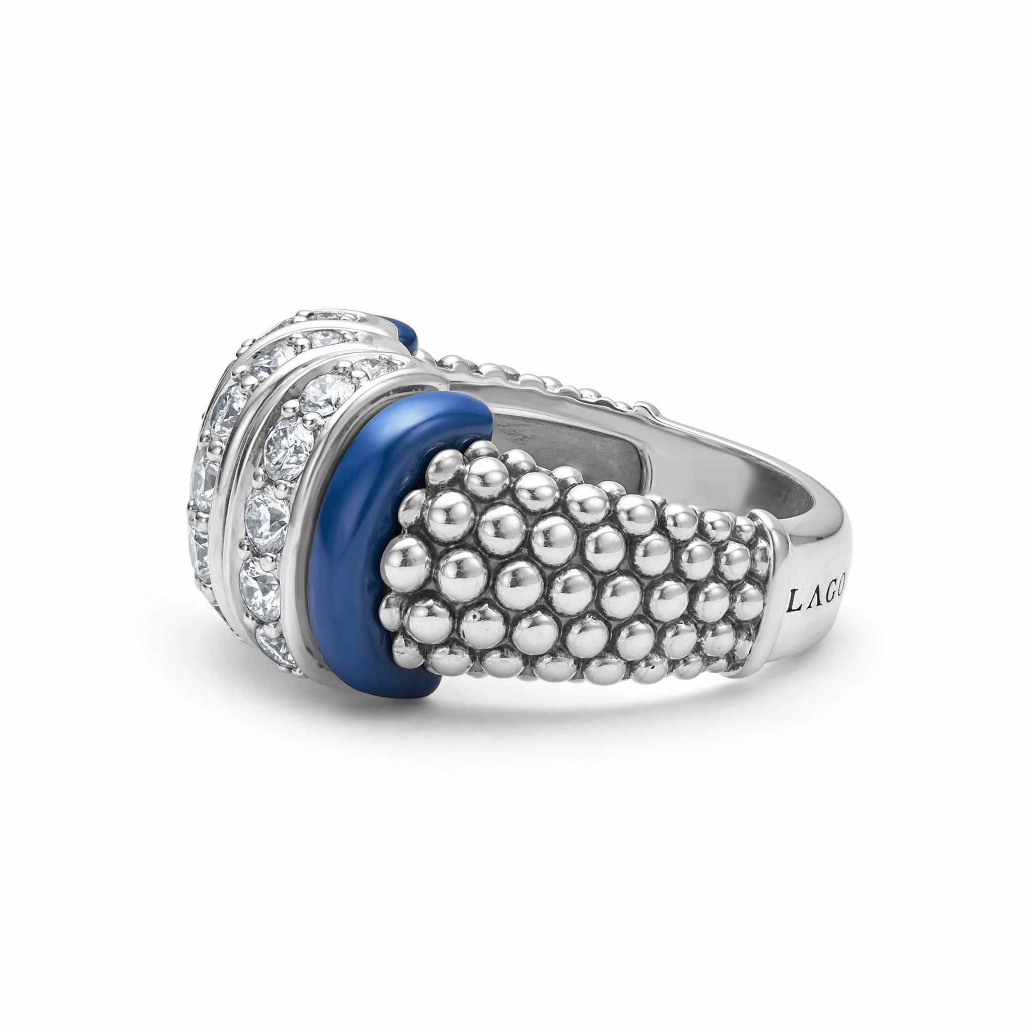 Blue Caviar Ultramarine Three Station Ceramic Caviar Diamond Ring