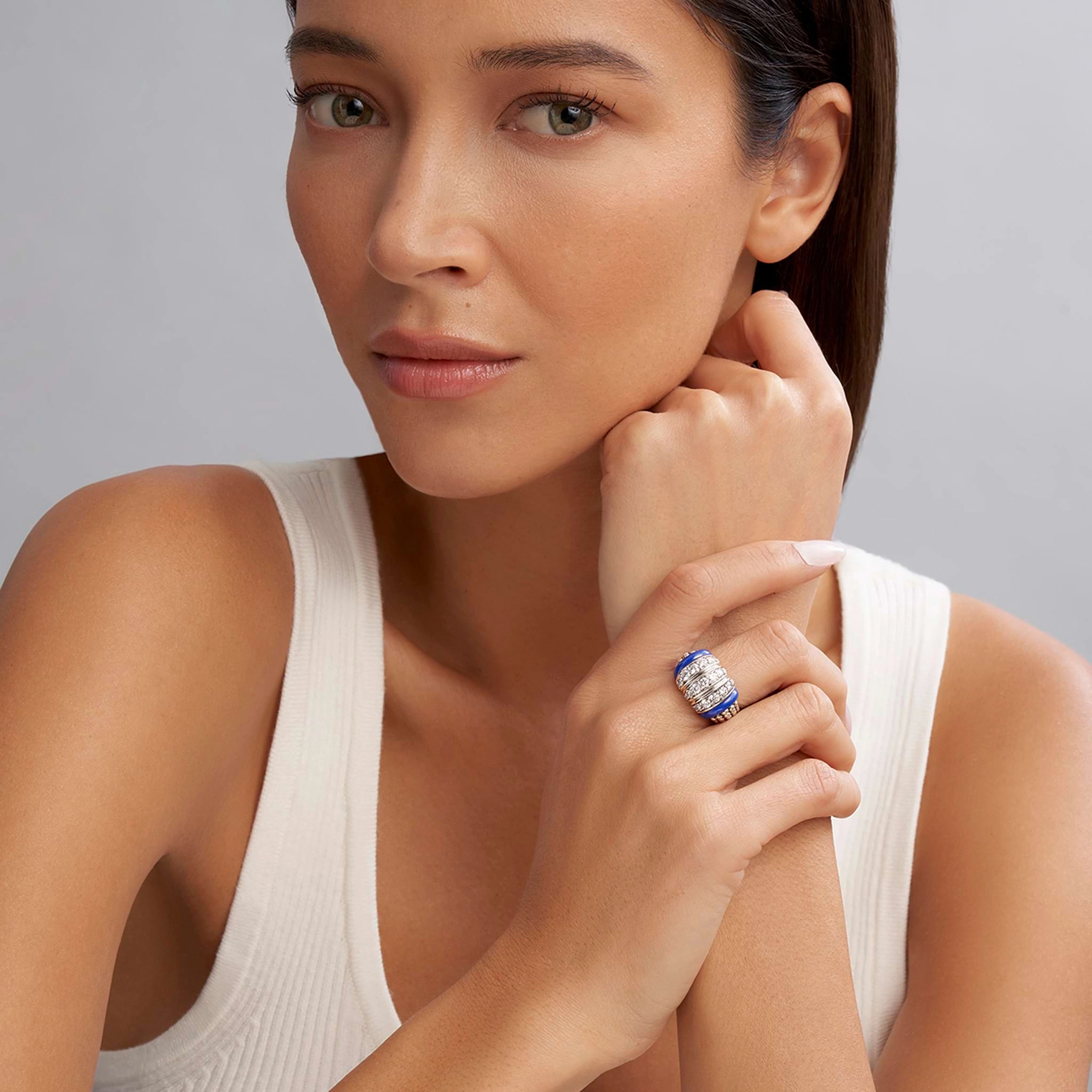 Blue Caviar Ultramarine Three Station Ceramic Caviar Diamond Ring